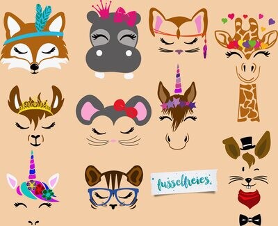 Design Kombi-Serie Happymals Vol1 + Vol2 Plotterdatei DXF SVG Fusselfreies Einhorn Giraffe Katze Pferd Frosch Eule Elefant Waschbär Affe Reh Zebra Hase