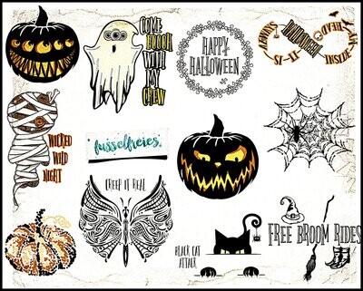 Gespenstisches Halloween Vol5 Plotterdatei DXF SVG Kürbis, Gespenst, Katze, Voodoo Puppe / Doll, Spinnennetz, Hexenbesen, Schmetterling