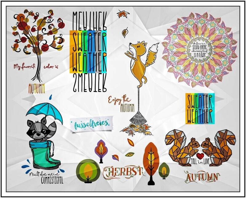 Herbst Zauber 2019 - Plotterdatei DXF SVG Eichhörnchen, Fuchs, Waschbär, Mandala, Blätter, Laub, Beanie, Gummistiefel von Fusselfreies