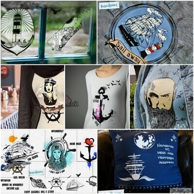 Megapack Maritim Plotterdatei DXF SVG Fusselfreies Segelschiff Schiff Steuerrad Muschel Anker Möwen Kompass Buddelschiff U-Boot