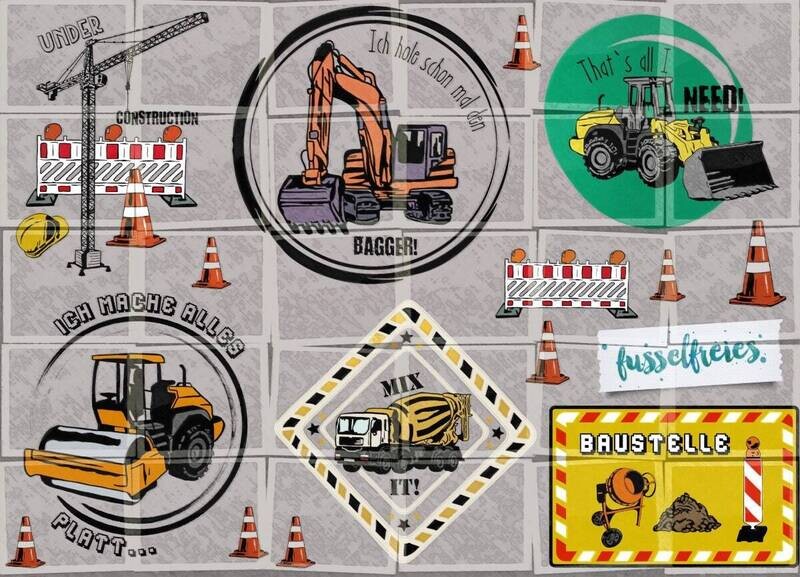 Auf der Baustelle Plotterdatei DXF SVG Fusselfreies Plottervorlage Bagger Radlader Kran Absperrung Helm Betonmischer