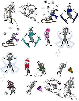 Anton &amp; Antonia Winter Edition Plotterdatei DXF SVG Fusselfreies Ameisen Winter Weihnachten Schneeball Schlitten Ski Skier Schal Mütze Schnee Engel