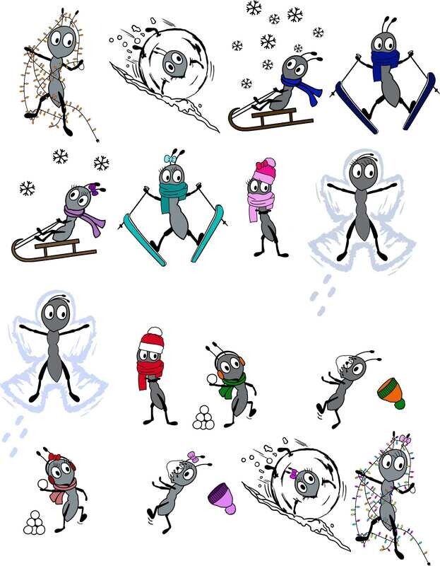 Anton &amp; Antonia Winter Edition Plotterdatei DXF SVG Fusselfreies Ameisen Winter Weihnachten Schneeball Schlitten Ski Skier Schal Mütze Schnee Engel