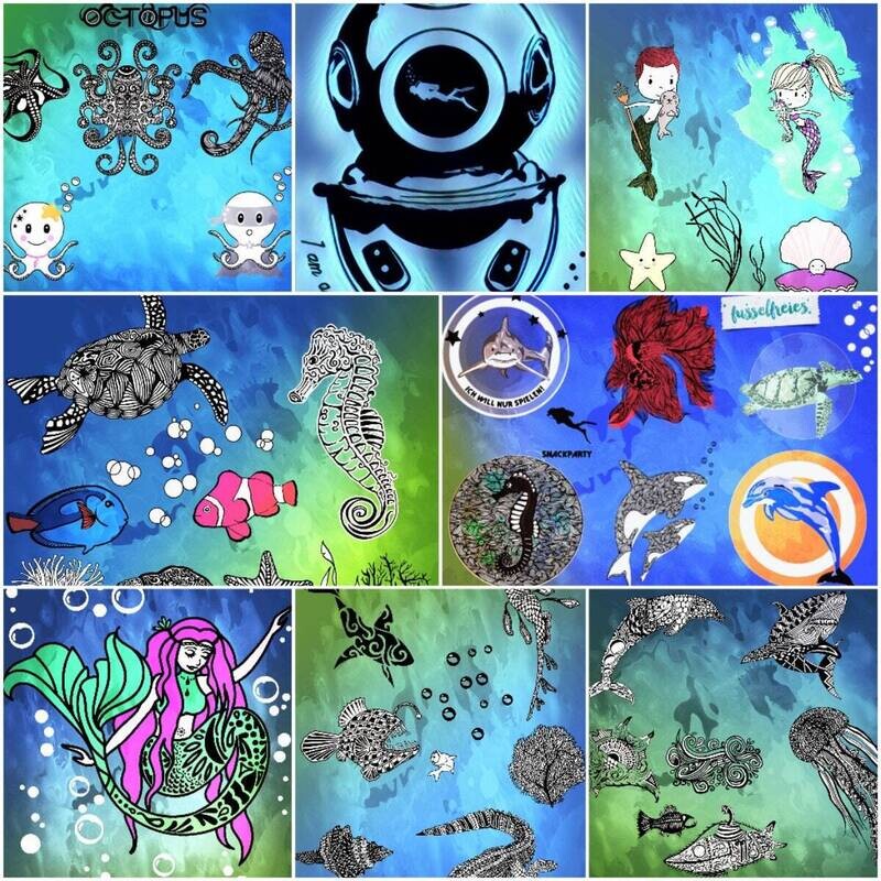 Design Megapack Under The Sea 2018 Fusselfreies Hai Orca Seepferdchen Delfin Schildkröte Oktopus Taucher Muscheln