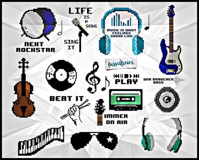 Pixel Music Retro - Plotterdatei DXF SVG Kopfhörer, Gitarre, Kassette, Keyboard, Schallplatte, Trommel, Mikrofon, Lautsprecher  von Fusselfreies