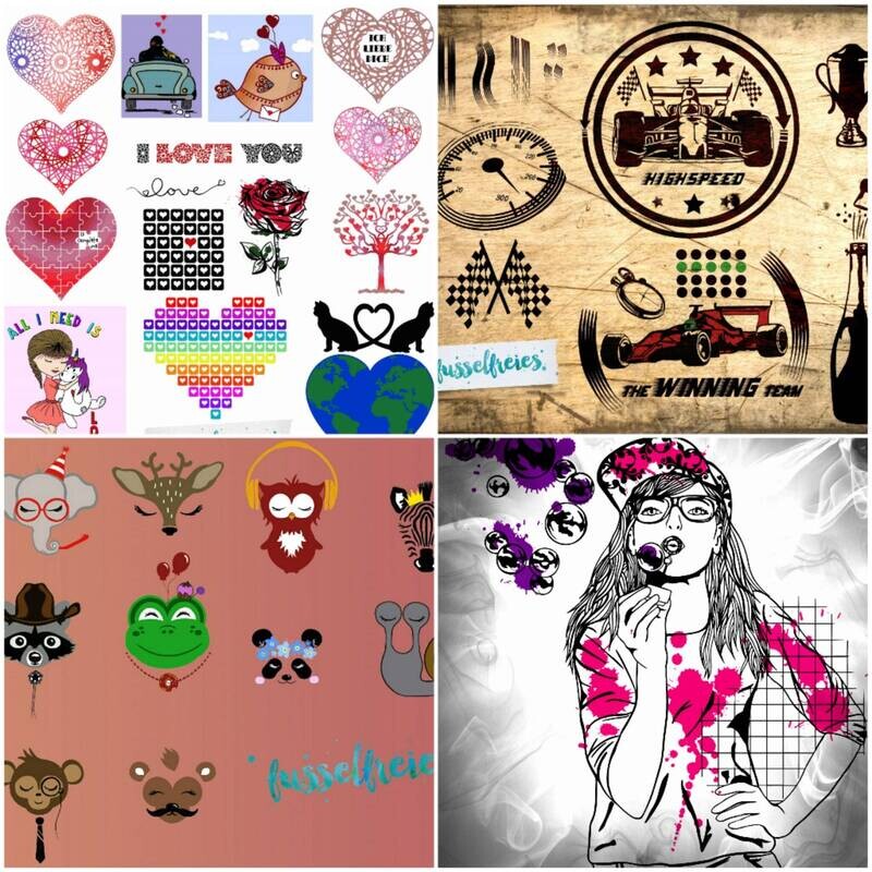 Design Megapack Februar 2018 Plotterdatei DXF SVG Fusselfreies Valtentinstag Liebe Herz Herzen Rennwagen Formel Seifenblasen Eule Frosch Giraffe Elefant