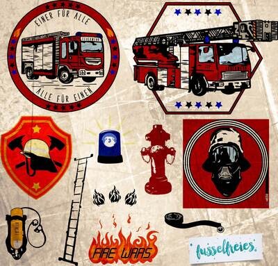 Feuerwehr Plotterdatei DXF SVG Fusselfreies Leiterwagen Hydrant Schlauch Atemschutz Leiter Helm Feuerwehrauto Blaulicht DXF SVG