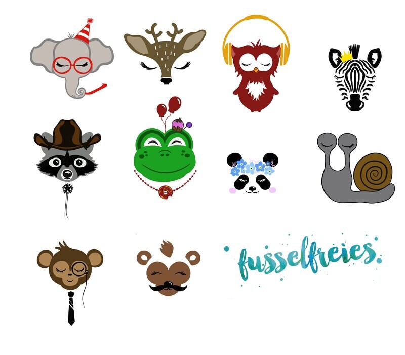 Design Serie Happymals Vol 2 (happy animals) Plotterdatei DXF SVG Fusselfreies Affe Bär Eule Elefant Frosch Reh Zebra Panda Schnecke Waschbär