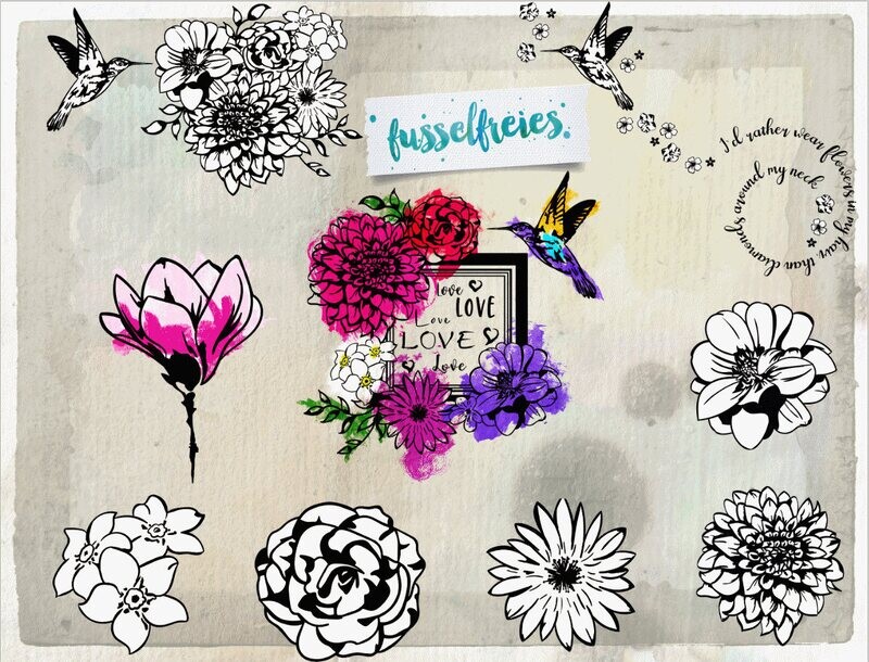 Vintage Flowers + Kolibris Plotterdatei DXF SVG Frühling Blumen Blumenstrauß Bouquet Rahmen Magnolie von Fusselfreies