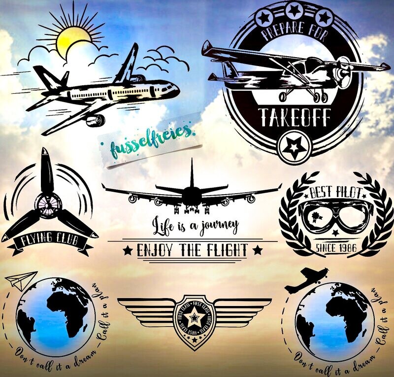 Vintage Airplane - Flugzeuge Plotterdatei DXF SVG Fusselfreies Flugzeig Flieger Urlaub Reise Propeller Weltreise Emblem Maschine