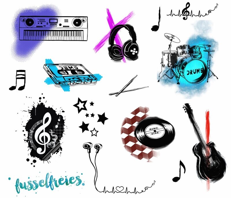 Design Serie Music Love Plotterdatei DXF SVG Fusselfreies Gitarre Schlagzeug Kopfhörer Keyboard Kassette Schallplatte  Drums