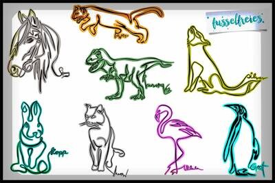 One Line Animals Plotterdatei DXF SVG - Dino, Tyrannosaurus Rex, Wolf, Hase, Flamingo, Puma, Pferd, Katze, Pinguin - Fusselfreies