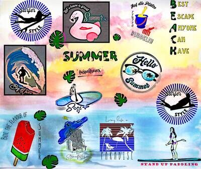 Beach Life 2018 Plotterdatei DXF SVG Fusselfreies Sommer Sonne Strand Eimer Schaufel Surfer Surfen Palmen Strandkorb