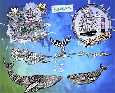 Design Serie Maritim Vol 3 Aquarellstil Plotterdatei DXF SVG Fusselfreies Schiff Segelschiff Wal Wellen Wasser Sonne Meer Angeln Anker Leuchtturm