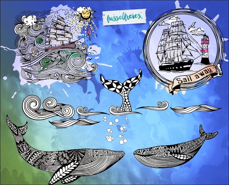 Design Serie Maritim Vol 3 Aquarellstil Plotterdatei DXF SVG Fusselfreies Schiff Segelschiff Wal Wellen Wasser Sonne Meer Angeln Anker Leuchtturm
