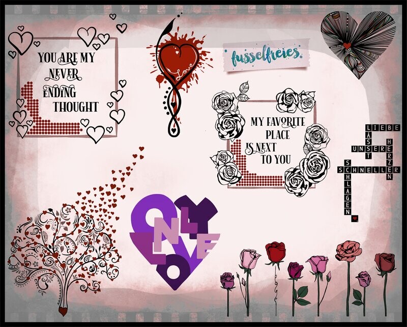 Valentine&#39;s Love Vol3 Plotterdatei DXF SVG PNG Liebe, Herz, Lebensbaum, Blumen Rahmen, Rosen Plotterdatei DXF SVG Fusselfreies