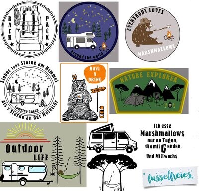 Design Serie Camping &amp; Outdoor Wildlife Plotterdatei DXF SVG Fusselfreies Campen Wohnwagen Wohnmobil Bär Hängematte Rucksack Marshmallow Zelt Berge DXF SVG