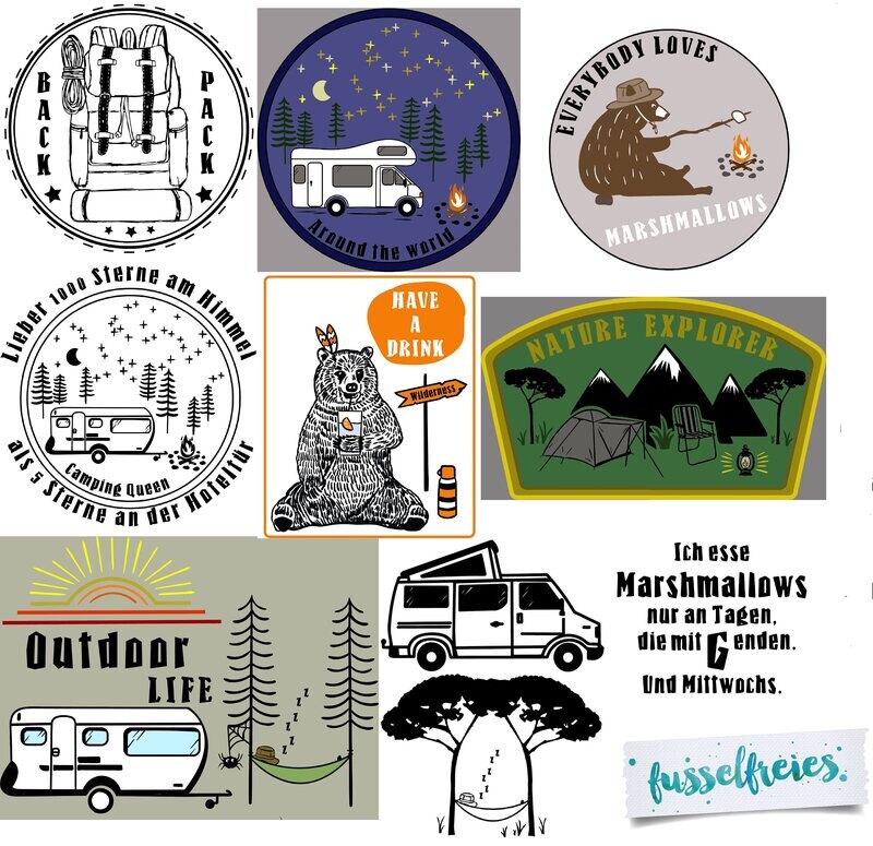 Design Serie Camping &amp; Outdoor Wildlife Plotterdatei DXF SVG Fusselfreies Campen Wohnwagen Wohnmobil Bär Hängematte Rucksack Marshmallow Zelt Berge DXF SVG