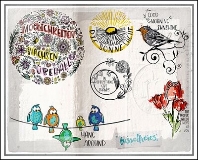 Vintage Flowers + Vögel Vol2 Plotterdatei DXF SVG Frühling Blumen Rosen Tulpen Rotkehlchen Sonne von Fusselfreies