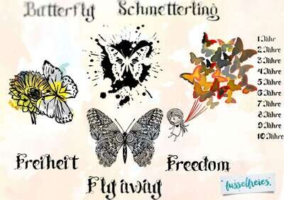 Design Serie Schmetterlinge Vol2 Aquarellstil Plotterdatei DXF SVG Mandala Boho  Schmetterling Butterfly Mädchen Blume Sonnenblume Sommer Frühling