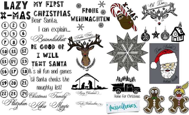 Winter 2017 Plotterdatei DXF SVG Fusselfreies Rentier Faultier Zuckerstange Kugeln Pfefferkuchenmann Truck