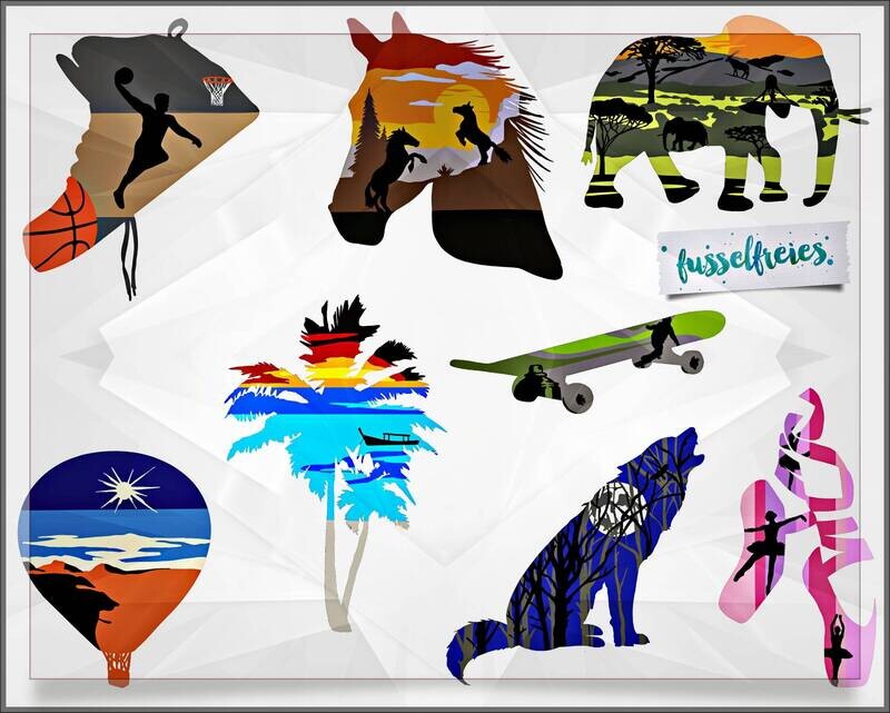 Silhouetten Fenster - Plotterdatei DXF SVG Ballet, Heißluftballon, Basketball, Elefant, Palme, Pferd, Skateboard, Wolf by Fusselfreies