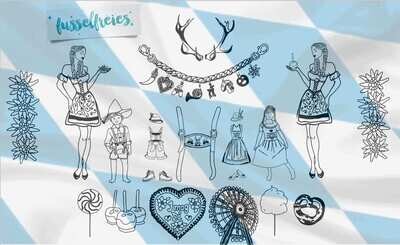 Design Serie Oktoberfest Plotterdatei DXF SVG Wiesn Dirndl Lebkuchenherz Tracht Geweih Edelweiß Lolli Zuckerwatte Charivari Hosenträger Riesenrad Brezel