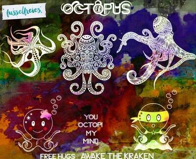 Design Serie Octopus Plotterdatei DXF SVG Fusselfreies Oktopus Krake Tintenfisch Meer Ozean Unterwasserwelt