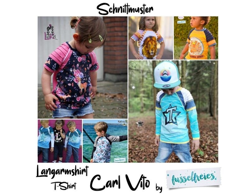 eBook Kinder Raglan Shirt Carl Vito  Schnittmuster T-Shirt Unisex Gr. 74 - 152 zum Selbstausdrucken im A4 und A0 Format ohne NZ Fusselfreies