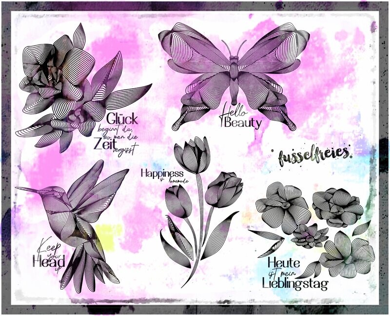 Illusions -  Plotterdatei Plottervorlage DXF SVG Kolibri, Tulpen, Schmetterling, Blumen von Fusselfreies