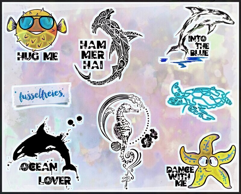 Under the sea VOL6 - Plotterdatei Plottervorlage DXF SVG Delfin, Orca, Hammerhai, Seeschildkröte, Kugelfisch, Seepferdchen, Seestern von Fusselfreies