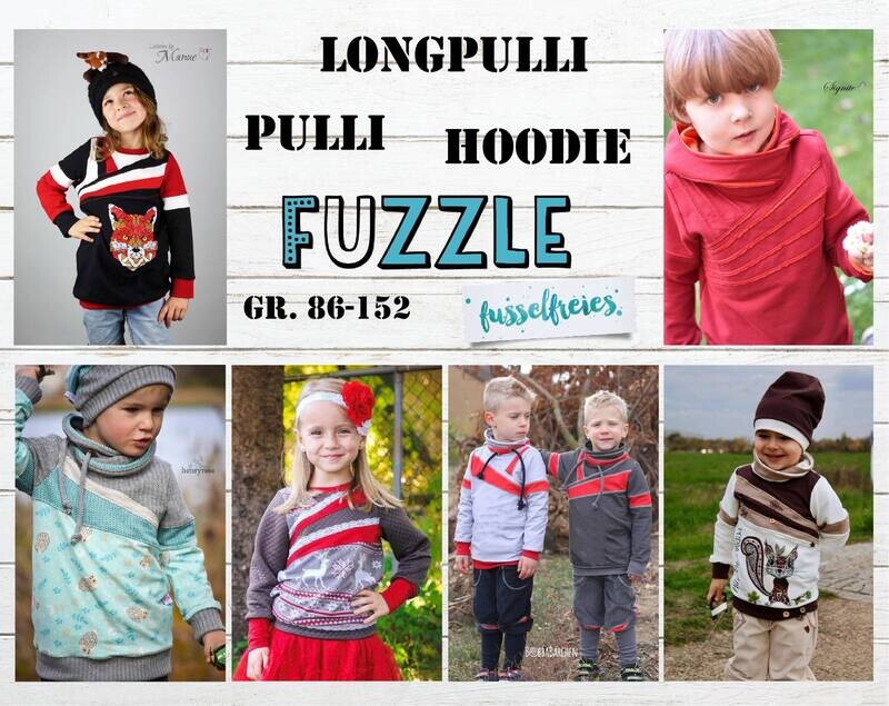 eBook Kinder Hoodie Pulli Longpulli FUZZLE Schnittmuster Unisex Gr. 86 - 152 zum Selbstausdrucken (A4 und A0 Format) ohne NZ Fusselfreies