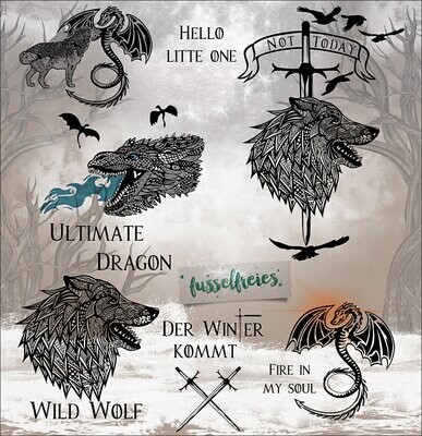 Wolf &amp; Drache 2.0 Serie Plotterdatei  Plottervorlagen DXF SVG  Drachenkopf, Schwert, Banner, Winter kommt Fusselfreies