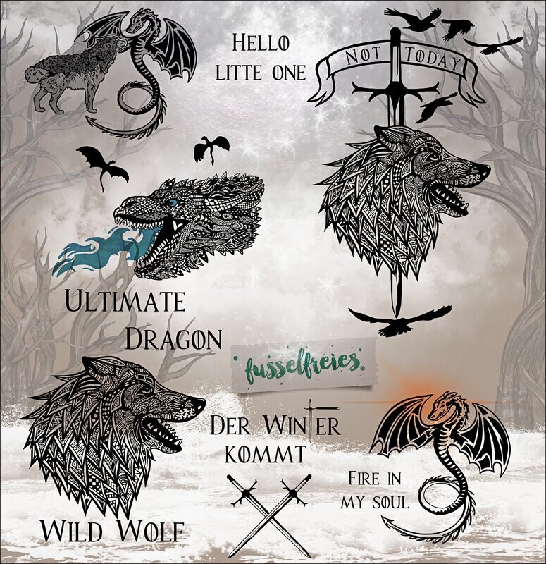 Wolf &amp; Drache 2.0 Serie Plotterdatei  Plottervorlagen DXF SVG  Drachenkopf, Schwert, Banner, Winter kommt Fusselfreies