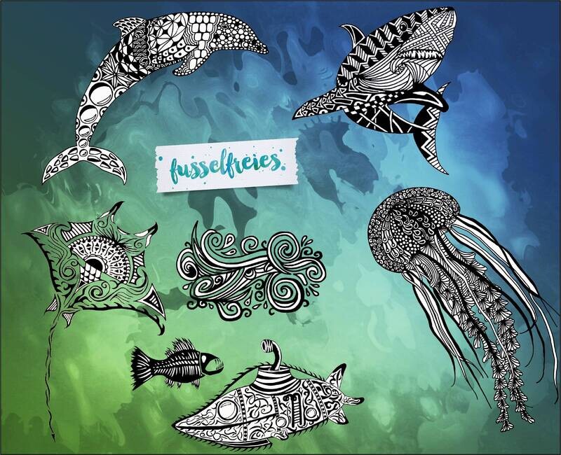 Design &quot;Under the Sea&quot; Vol 2 - Plotterdatei DXF SVG Hai Rochen Qualle U-Boot Delfin Piranha Welle Blasen Koralle Anemone
