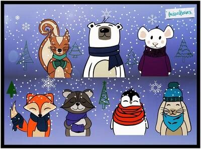 Kleine Schneebande - Plotterdatei DXF SVG Eichhörnchen, Eisbär, Pinguin, Fuchs, Waschbär, Hase und Maus Fusselfreies