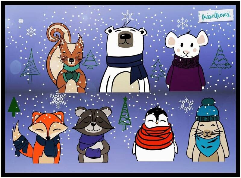 Kleine Schneebande - Plotterdatei DXF SVG Eichhörnchen, Eisbär, Pinguin, Fuchs, Waschbär, Hase und Maus Fusselfreies