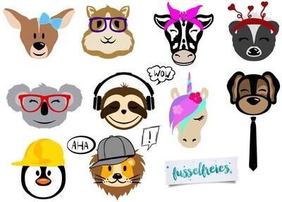 Happymals Vol3 Plotterdatei DXF SVG Fusselfreies Einhorn Kuh Faultier Koala, Känguru, Faultier, Pinguin, Löwe, Stinktier, Hamster