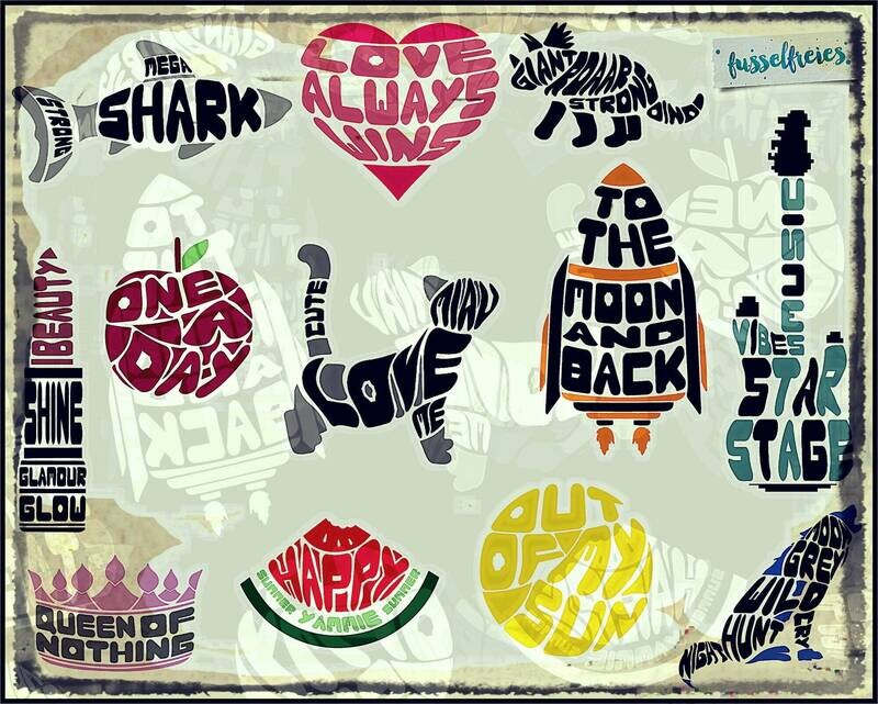 Shaped Words Designs - Plotterdatei DXF SVG Wassermelone, Katze, Wolf, Krone, Hai, Sonne, Herz, Gitarre, Apfel, Rakete, Dino, Lippenstift von Fusselfreies