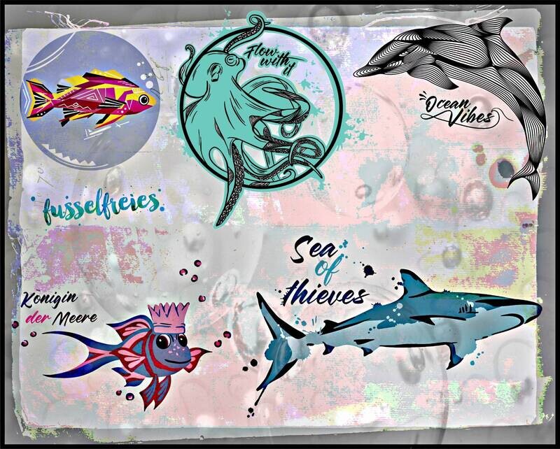 Under The Sea Vol8 Plotterdatei DXF SVG Delphin, Hai, Octopus, Fische von Fusselfreies