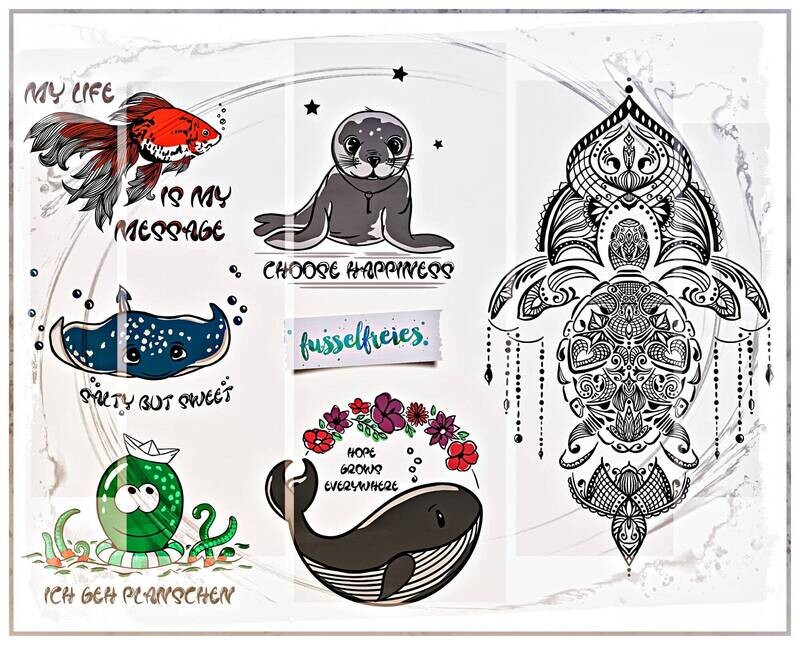 Under The Sea Vol7 Plotterdatei DXF SVG - Meeres Schildkröte, Wal, Krake, Robbe, Rochen, Goldfisch von Fusselfreies