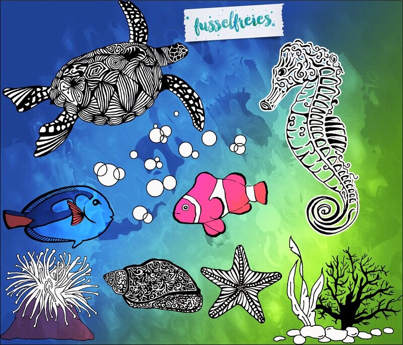Design Kombi-Serie &quot;Under the Sea&quot; Vol. 1+2 Plotterdatei DXF SVG Hai Delphin Rochen Seepferdchen Seestern Seeschildkröte U-Boot Qualle Piranha Clown Fish