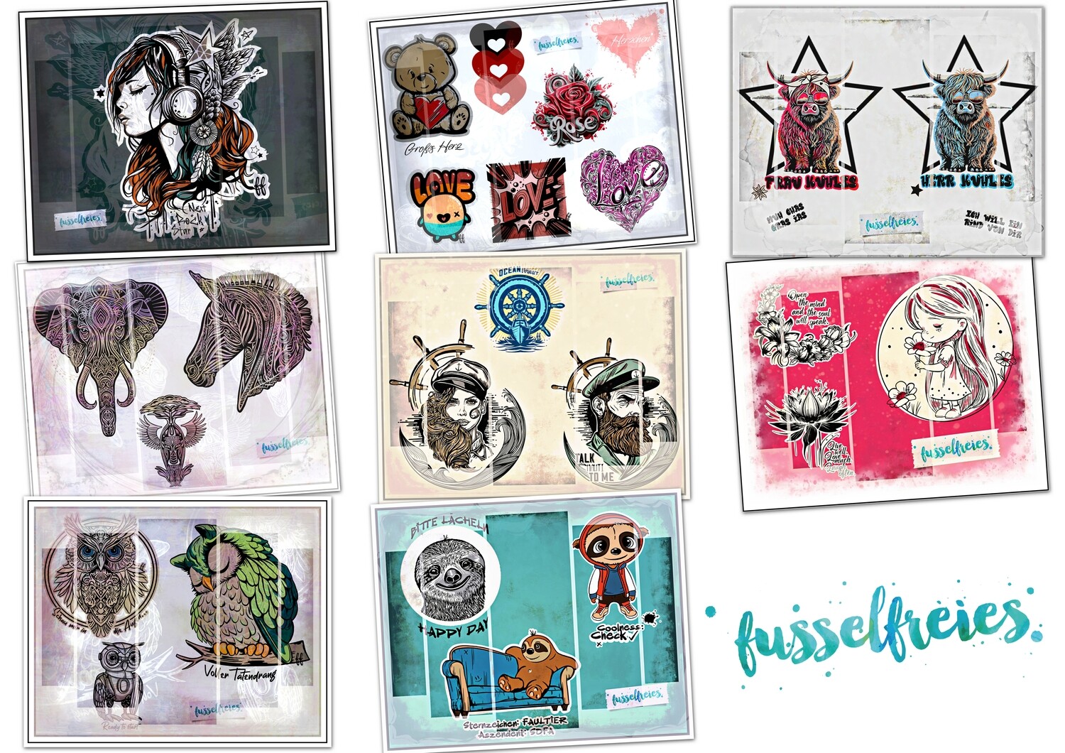 Megapack I 2023 - Plotterdatei DXF SVG Seemann, Seefrau, Steuerrad, Hochlandrind, Blumen Mädchen, Elefant, Zebra, Rockgirl, Valentinstag, Eulen, Faultier von Fusselfreies