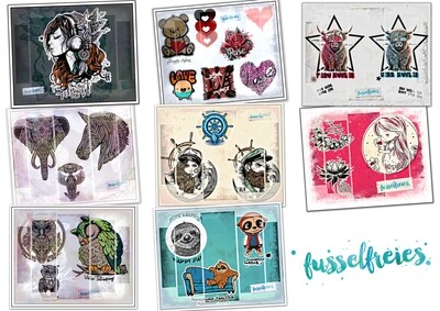Megapack I 2023 - Plotterdatei DXF SVG Seemann, Seefrau, Steuerrad, Hochlandrind, Blumen Mädchen, Elefant, Zebra, Rockgirl, Valentinstag, Eulen, Faultier von Fusselfreies