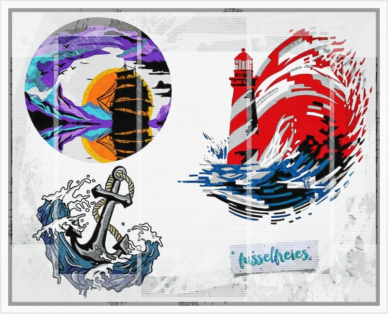 Maritim Vol9 Plotterdatei DXF SVG Anker, Segelschiff, Leuchtturm, Wellen von Fusselfreies