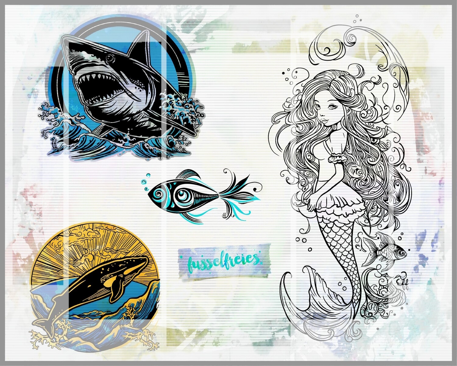 Under The Sea Vol9 Plotterdatei Plottervorlage DXF SVG Weißer Hai, Meerjungfrau, Fantasie Fisch, Wal von Fusselfreies