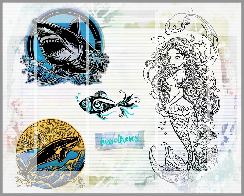 Under The Sea Vol9 Plotterdatei Plottervorlage DXF SVG Weißer Hai, Meerjungfrau, Fantasie Fisch, Wal von Fusselfreies
