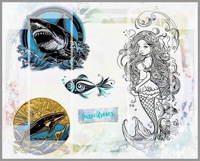 Under The Sea Vol9 Plotterdatei Plottervorlage DXF SVG Weißer Hai, Meerjungfrau, Fantasie Fisch, Wal von Fusselfreies