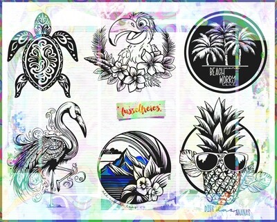 Aloha Beach 2023 Plotterdatei DXF SVG Strand, Sonne, Sommer, Palmen, Ananas, Berge, Meer, Schildkröte, Tucan, Flamingo