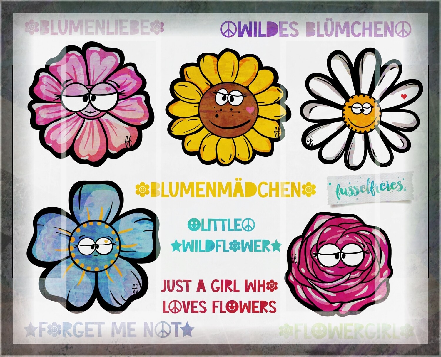 Sweet Flowers - Blumen Blüten Smileys Gänseblümchen, Sonnenblume, Vergiss mein nicht, Hibiskus, Rose Plotterdatei Plottervorlage DXF SVG Fusselfreies